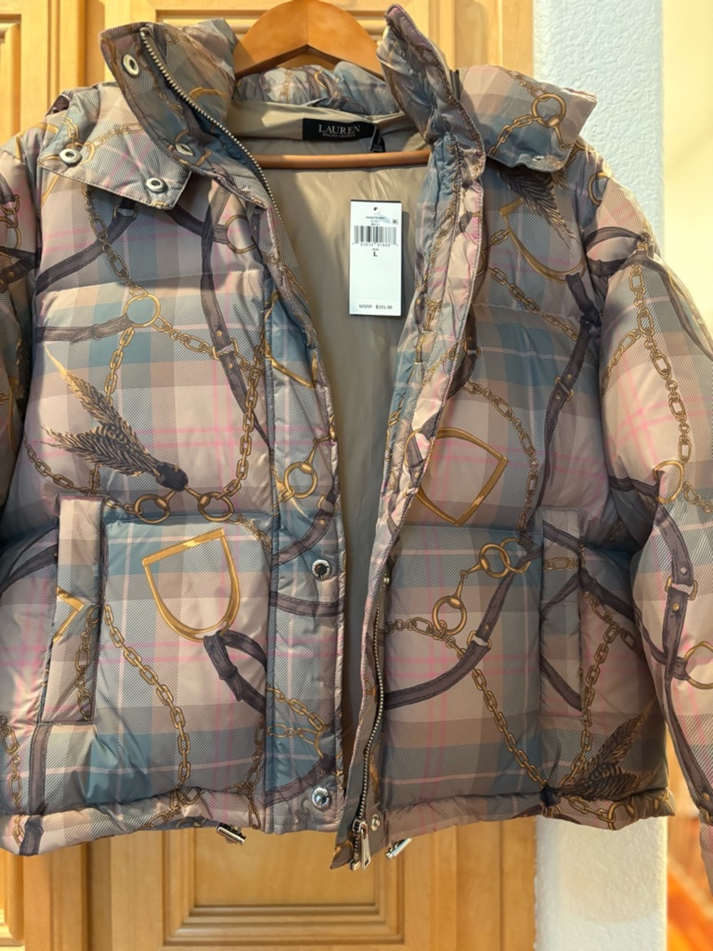 Lauren Ralph Lauren Pink Plaid Chain-Print Puffer Jacket NWT.